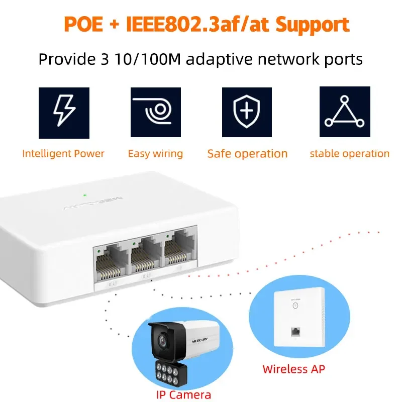 Mercury POE Extender 10/100M Network Switch Repeater IEEE802.3af/at Plug&Play for PoE Switch NVR IP Camera AP