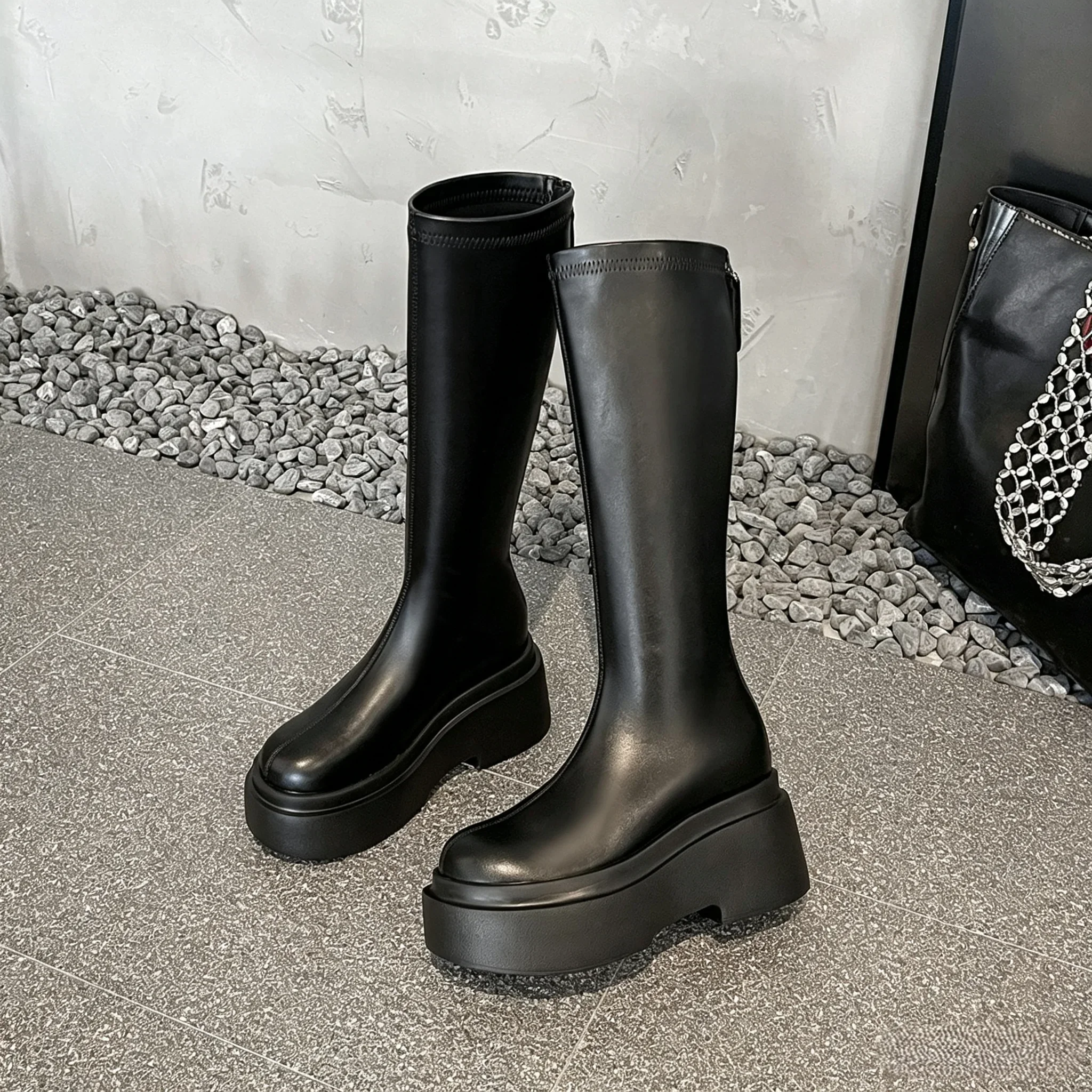 Fashion Knee-High Boots Women's Winter High Top Thick Bottom Platform Boots Comfortable PU Leather Round Toe Waterproof Autumn