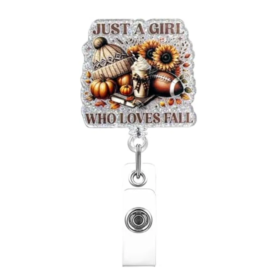 Just a Girl Who Loves Fall Funny Retractable Badge Reel for Nurse Teacher ID Name Autumn Winter Badge Holder with Glitter Desig