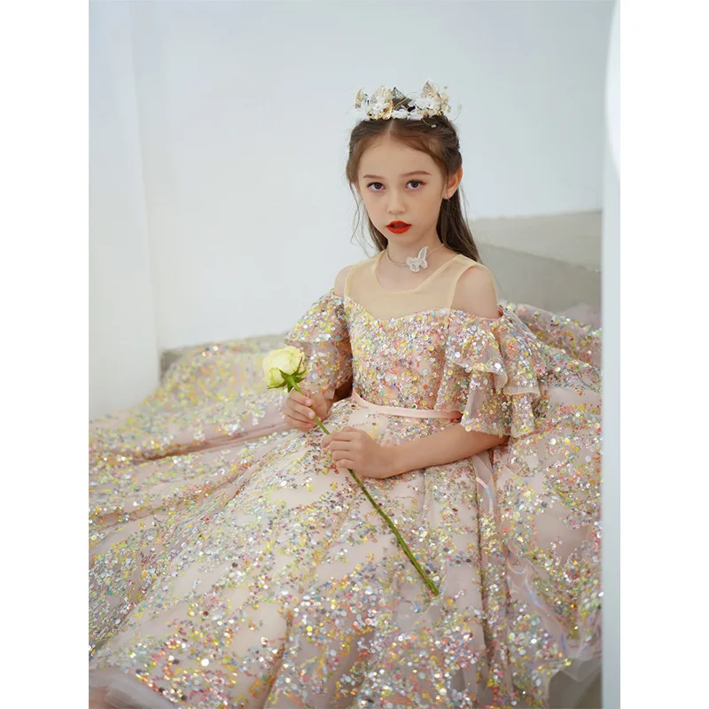 High Quality Baby Frock Designs Boutique Sequined Flare Sleeve Flower Girl\'s Gown Western Style For Kids Evening Party Dress