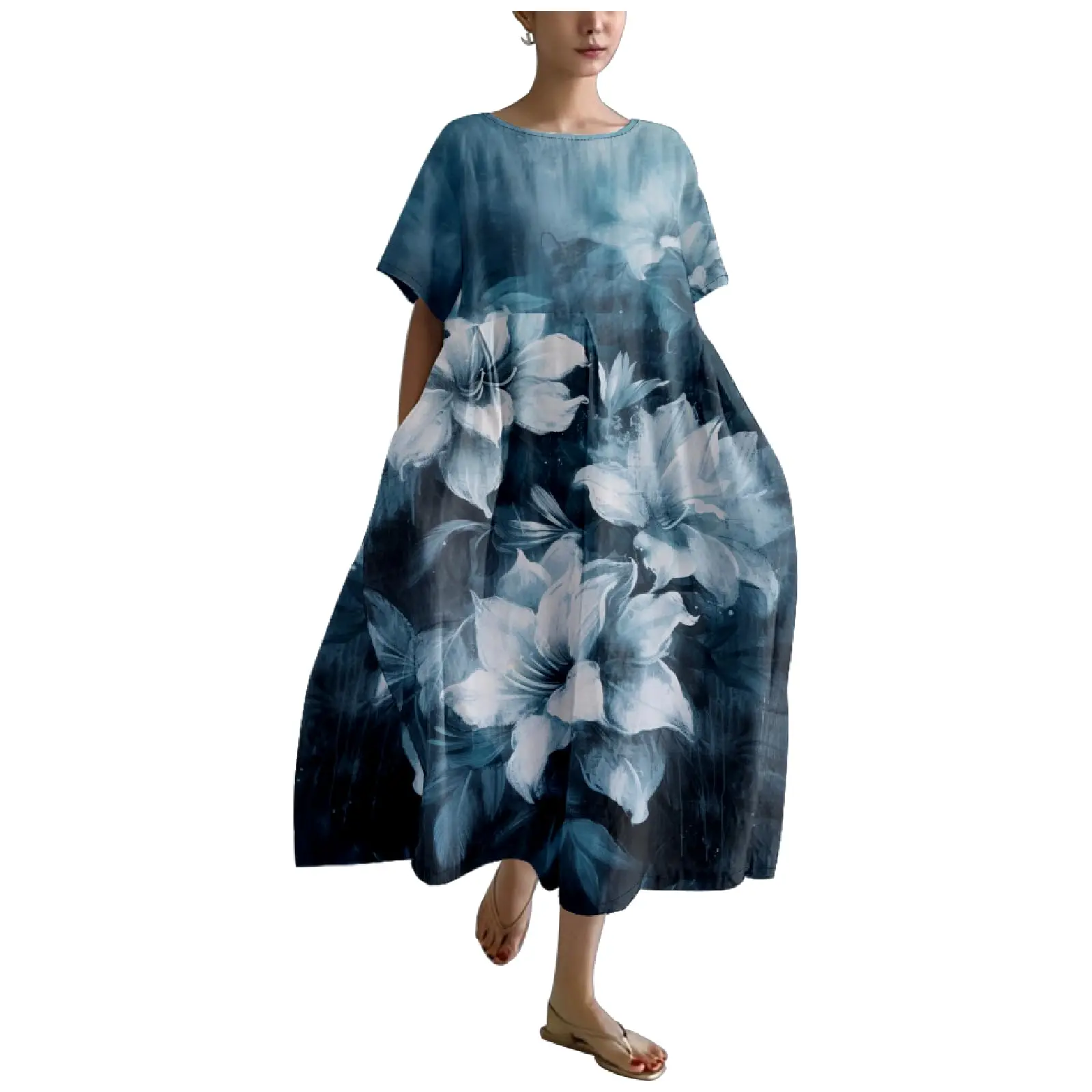 2024 Plus Size Women Japanese Art Long Dress Female Boho Floral Crew Neck Waist Smocked Wide Hem Babydoll Dress Casual Sundress