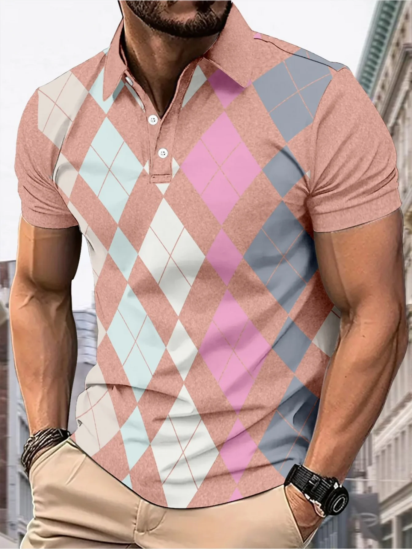 2026 Summer Best-selling Men's Simple Check Patterned Printed Short-Sleeved Polo Shirt for Outdoor Leisure and Fashion