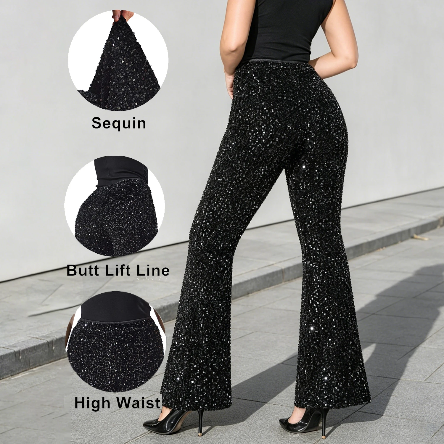 Plus Size Women's Sequin Pants Sparkly Glitter High-Waisted Wide-Leg Flare Trousers with Bell Bottoms for a Night Out  Clubwear