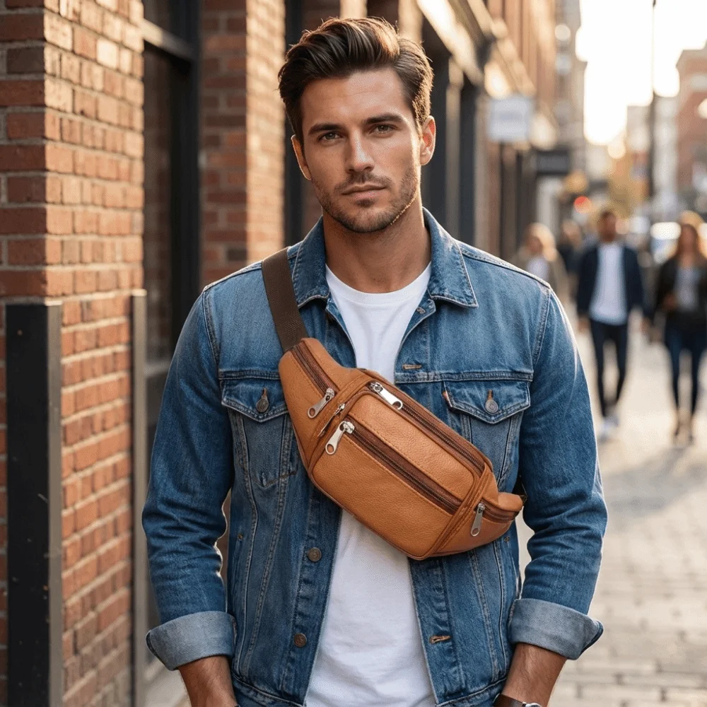 Vintage Adjustable Strap PU Leather Waist Bag Soft Multi Pockets Fanny Pack Lightweight Hands Free Crossbody Chest Bag Daily