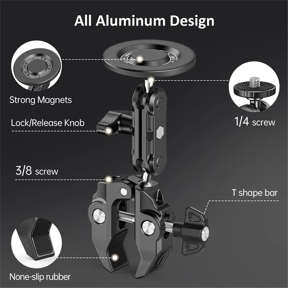 

Aluminum Alloy Mic & Phone Stand - Heavy Duty Adjustable Clamp Magnetic Mount for Bike Handlebar [No.3 Elnic]