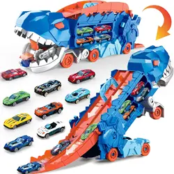 Dinosaur Toys for Kids T-Rex Dinosaur Transport Car Carrier Truck with Foldable Sliding,City Dinosaur Hauler Track Toys Gifts