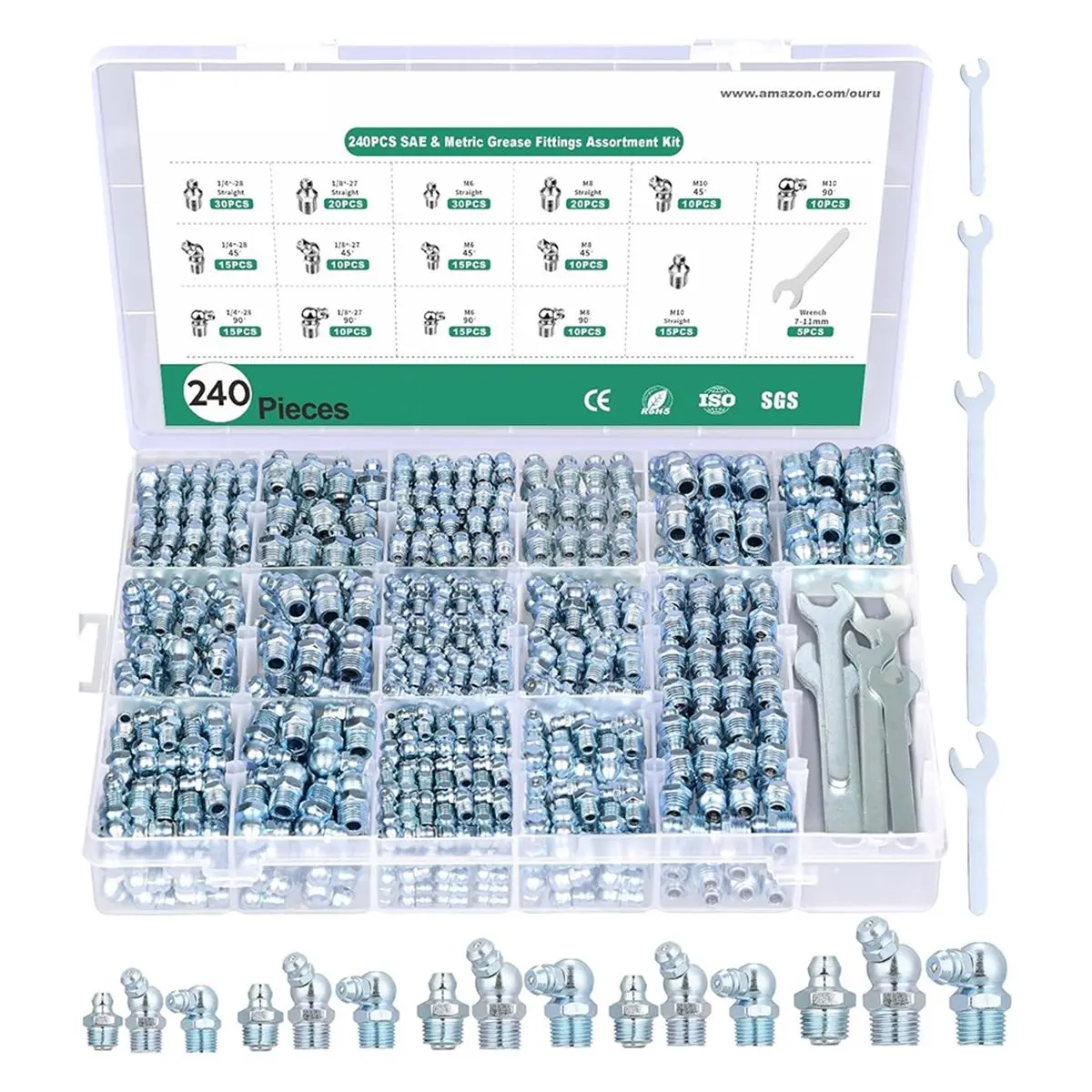 A50U 240PCS Grease Fittings Assortment,SAE & Metric Zerk Grease Fittings Straight 45 90 Degree with Wrench Kit(7-11mm)