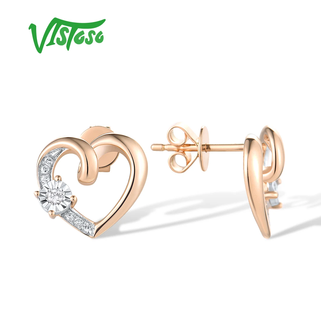 VISTOSO Authentic 14K 585 Two-Tone Gold Stud Earrings For Women Sparkling Diamond Sweat Heart Elegant Wedding Gift Fine Jewelry