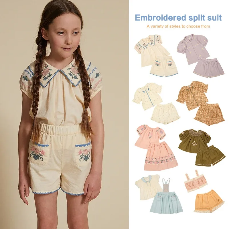 

Children Girls Beautiful Embroidery Summer Sets Girl Brand Designer Short Sleeve Linen Suit Flower Peter Pan Collar Shirts Dress