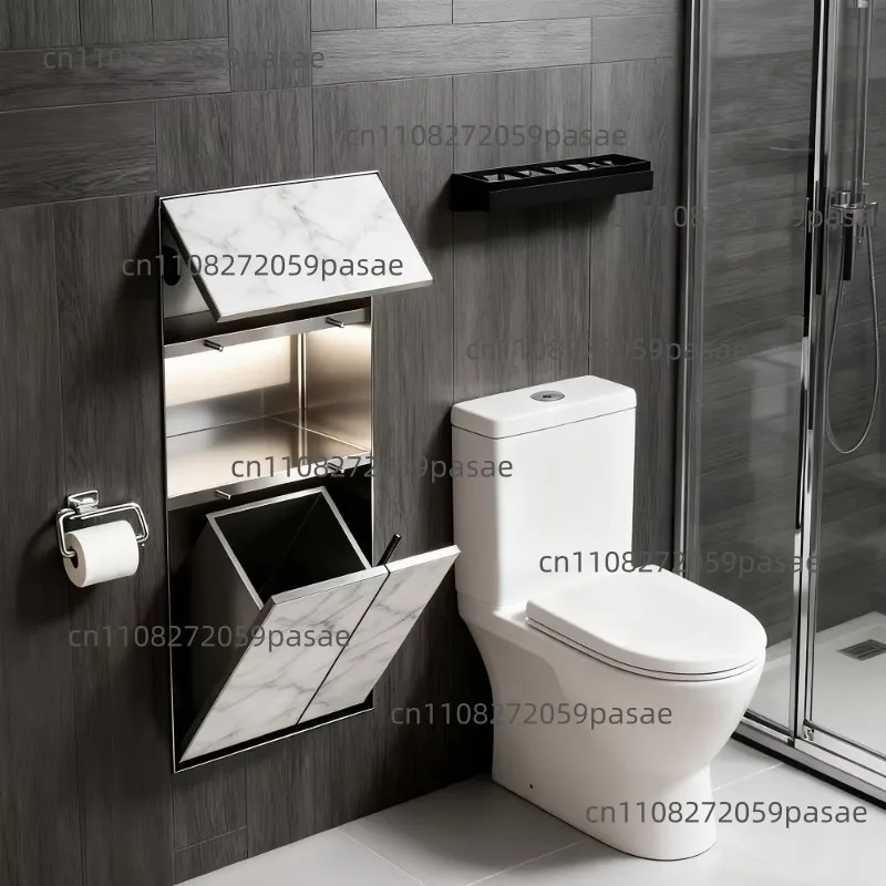 Multifunctional, Flush-mounted, Concealed Stainless Steel Toilet Brush Holder and Trash Can for Wall Niches