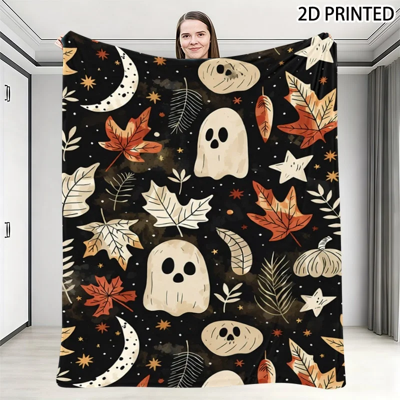 Whimsical Halloween Themed Throw Blanket, Black Background with Spooky Ghosts, Pumpkins, Maple Leaves, Crescent Moons & Star Acc