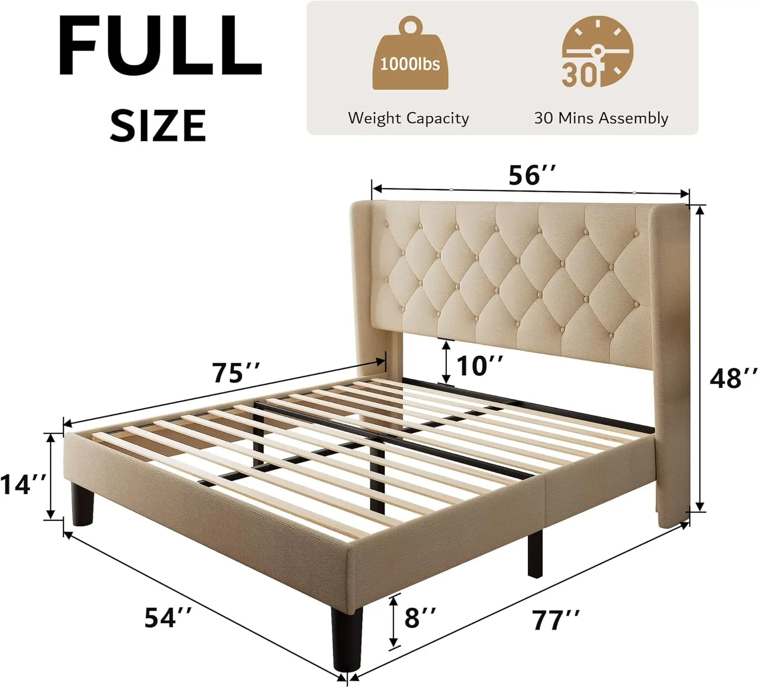 Großes Plattformbettgestell, gepolsterter Bettrahmen mit Massivholzstreifen, geräuschfrei, einfach zu montieren, beige Farbe