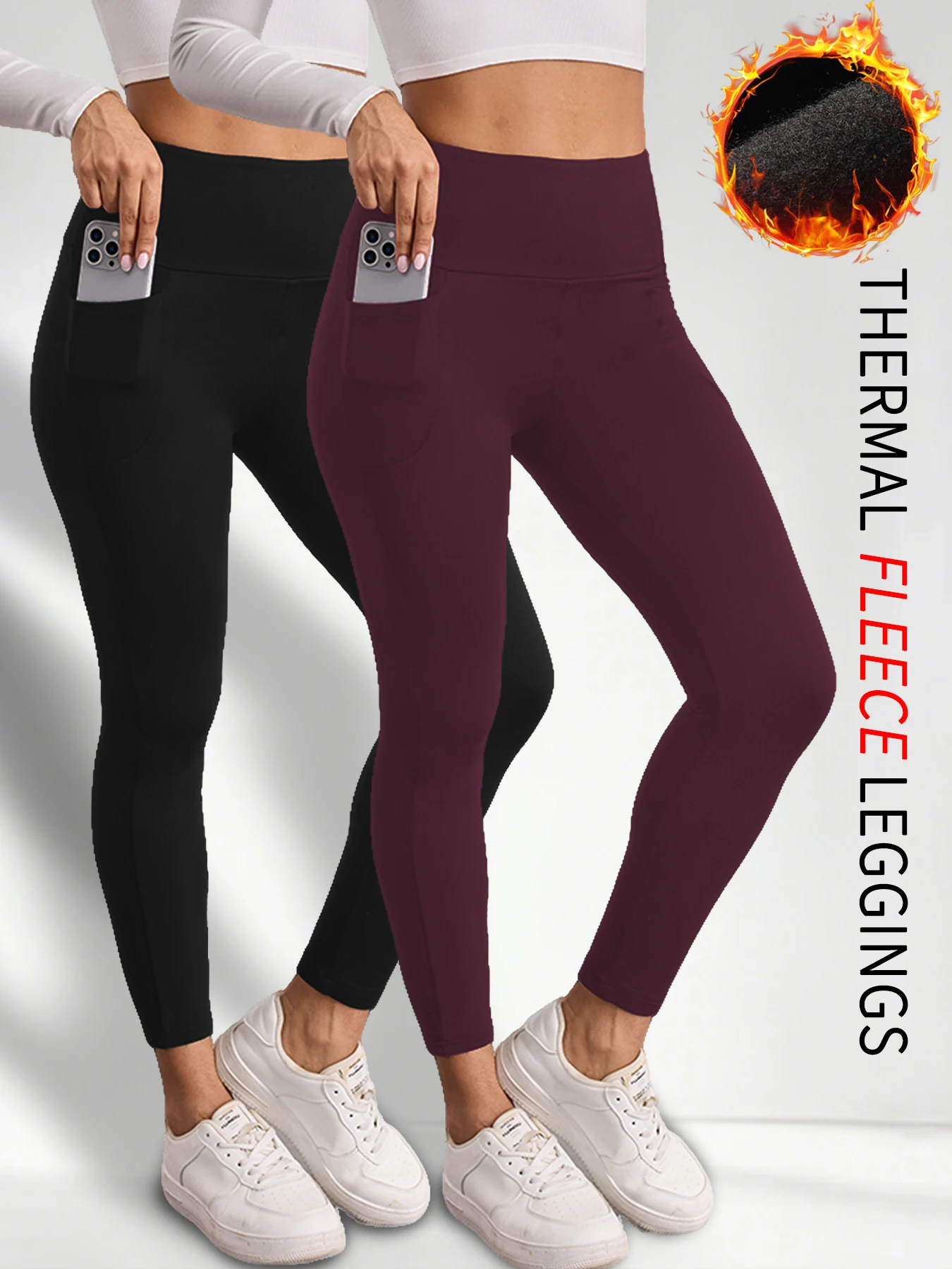 2 pack Thermal Fleece Lined Leggings with Pockets for Women-High Waisted Tummy Control Winter Warm Tights Workout Running Pants