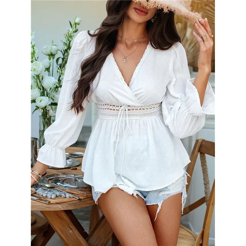 

【】Women's Wrap V Neck Puff Long Sleeve Blouse Top Puff Sleeve Ruffle Hem Casual Spring Summer T-Shirt Top