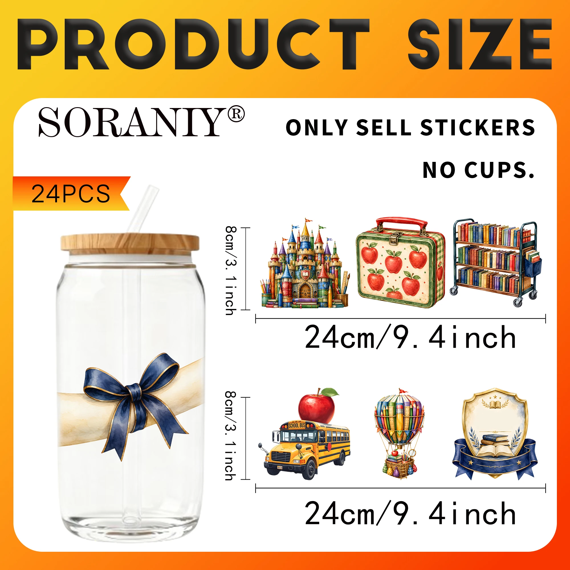 UV DTF Transfer Stickers - 24Pcs/Set Back To School Watercolor Theme UV DTF 16OZ DIY Transfer Stickers