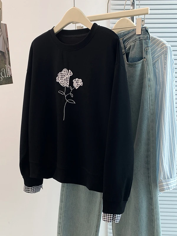 Automne hiver brodé longue Sve couche de Base T-shirt Sweat-shirt faux deux pièces Design femmes Faion liquidation S