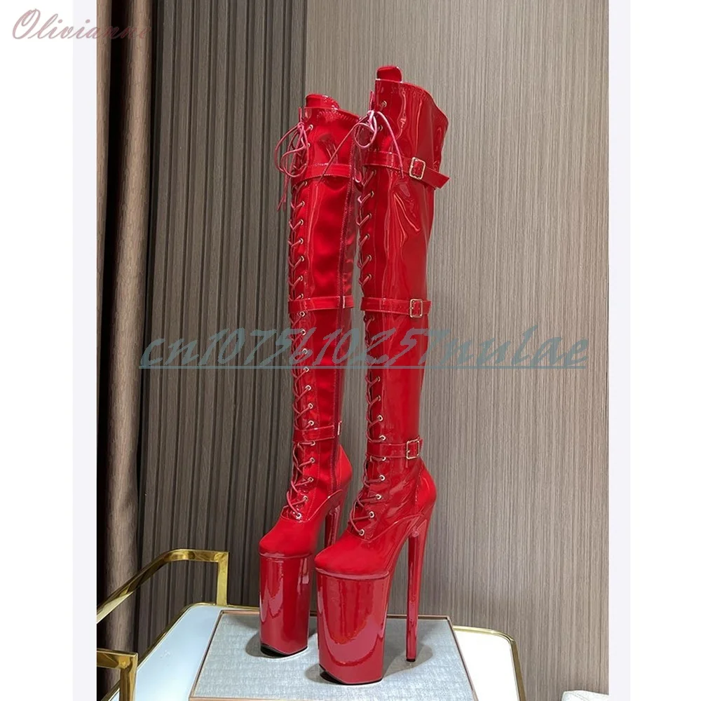 Side Buckle Belts Strap Dance Boots Shiny Leather Platform Stiletto High Heel Fashion Women Shoes 2026 Sexy Women Dance Shoes