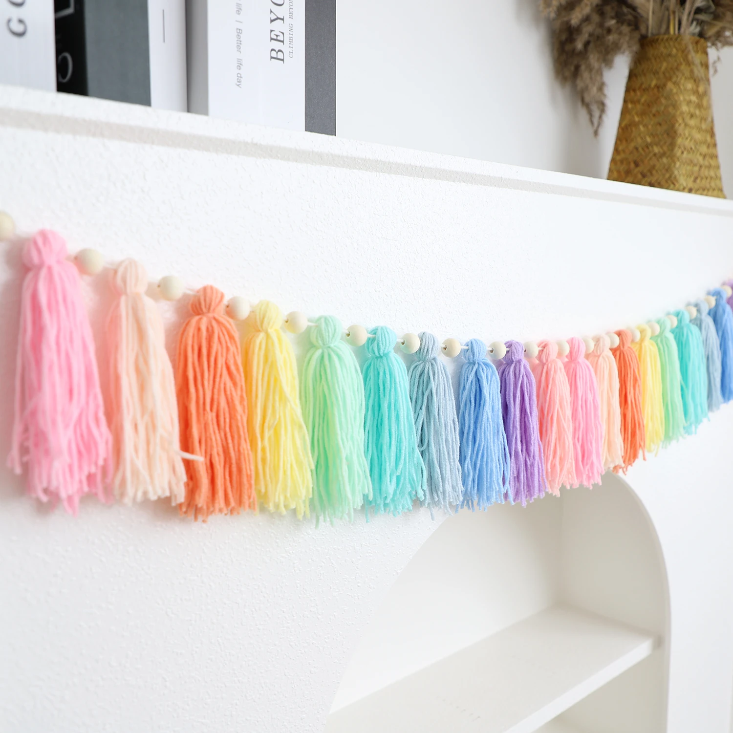 1pc Boho Colorful Rainbow Tassel Garland Handmade Wooden Bead Banner Home Festival Party Decoration Wall Hanging Banner