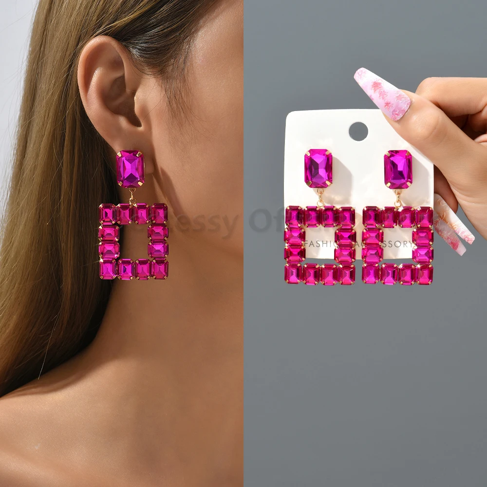 Hot Pink Glass Square Dangle Earrings For Women Luxury Piercing Big Pendientes Fantasy Wedding Party Graduation Vintage Jewelry