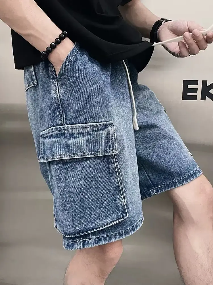 

Мужская функциональная рабочая одежда American High Street Джинсовые орты Модный бренд Летний эластичный пояс с завязками на талии Five-Qua...