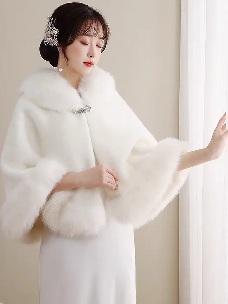 

Свадебная накидка-шаль из утолщенного искусственного меха, теплая, с длинными рукавами, для платьев подружек невесты, белое пальто-накидка