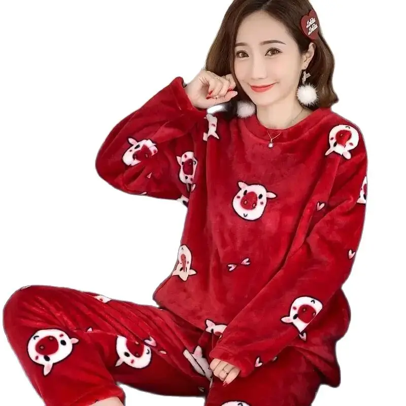 

Long-Sleeved Autumn And Winter Home Clothes Plus Size Simple Loose Suit Outerwear Red Nlack White Pig Bear Pattern Print Lovely