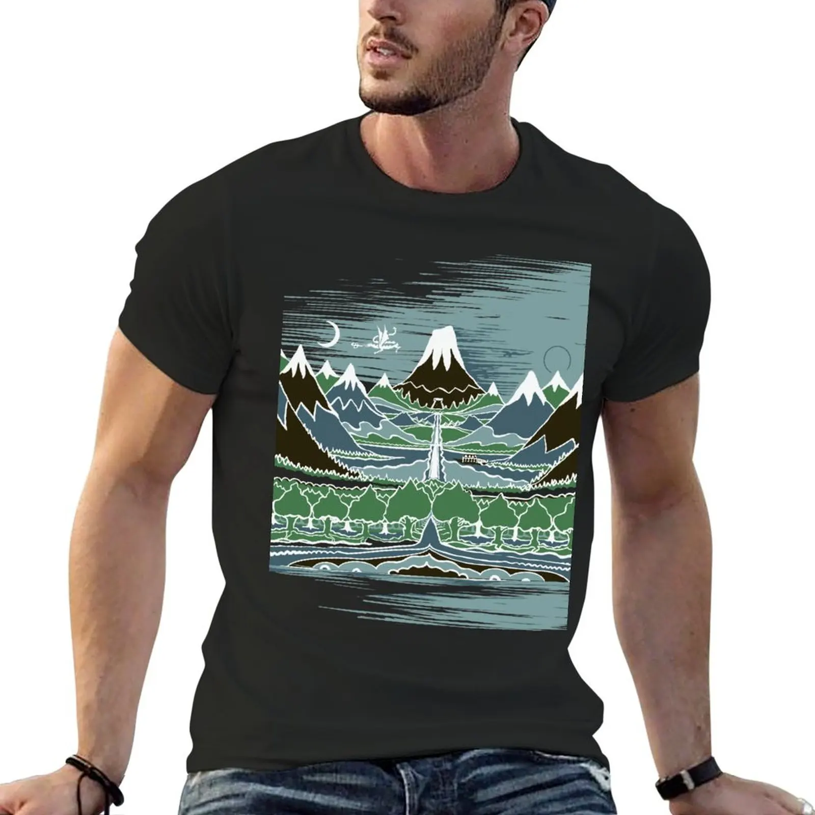 A Halflings journey on a mountain path through an elven wood in the style of J.R.R.Tolkien T-Shirt blacks anime shirts men