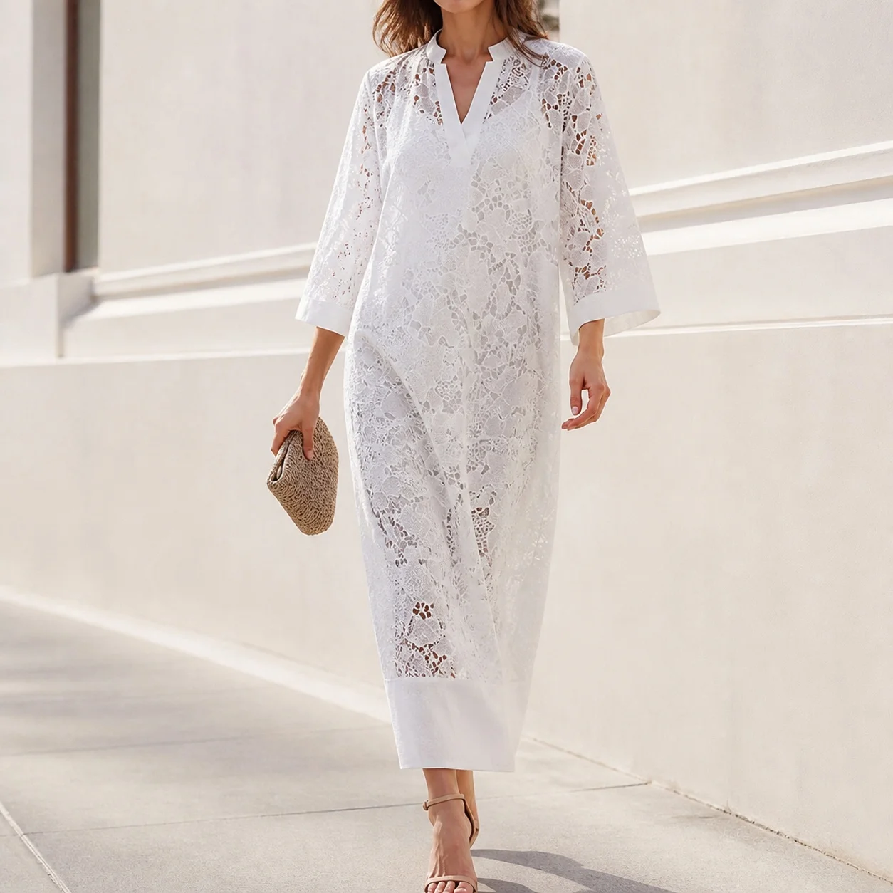 Casual V Neck Loose Fit Streetwear Set with Long Dress a Line Off Shoulder Three Quarter Sleeve Mid Waist 3d Pattern Two Set