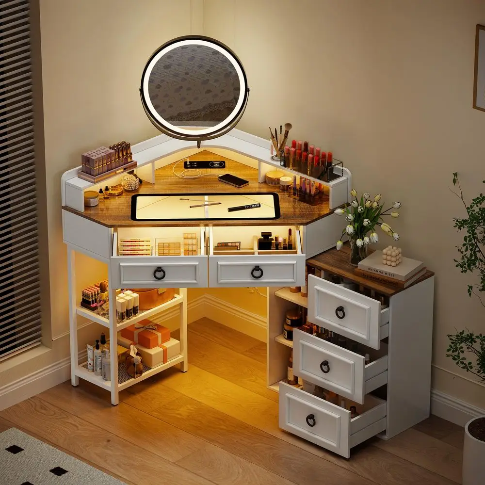 Vanity Desk with Rotating Mirror and LightsGlass Top White Makeup Vanity with Human Body SenorampCharging Station,LED Vanity Ta