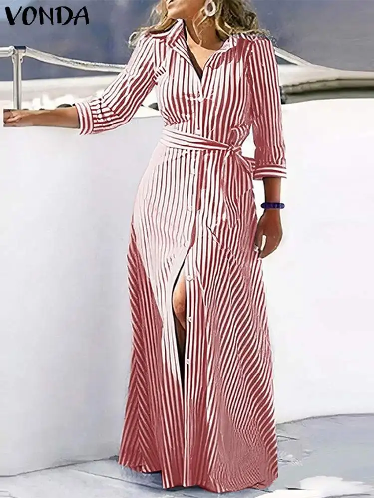 Plus Size 5XL VONDA 2024 Autumn Bohemian Stripe Dress Women Maxi Vestido 3/4 Sleeve Casual Buttons Printed Loose Long Shirt Robe