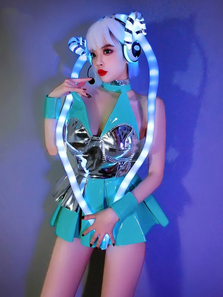 Sexy Gogo Dance Costume Women Technology Cosplay Performance Clothes Nightclub Blue Patent Leather Dress LED Glow Headgear Set