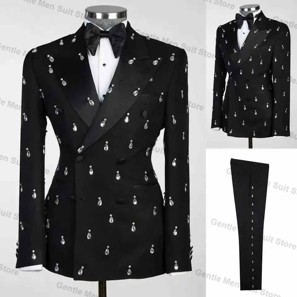 Black Crystals Men Suits Set 2 Piece Blazer+Pant Double Breasted Wedding Tuxedo Coat Customized Formal Office Jacket Trousers