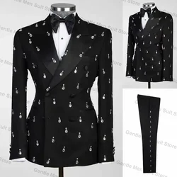 Zwarte Kristallen Mannen Pakken Set 2-delige Blazer + Broek Double Breasted Bruiloft Tuxedo Jas Aangepaste Formele Kantoor Jas Broek