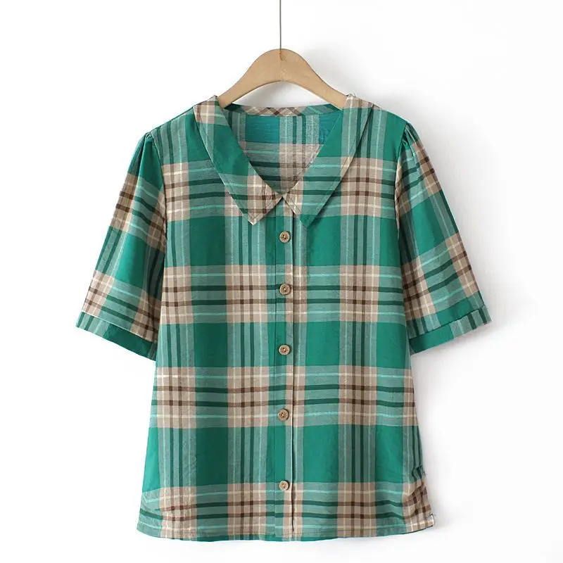 Women Vintage Classics Plaid Button Up Shirt Summer Fashion Peter Pan Collar Short Sleeve Blouse Simple Casual Loose Tops Blusas