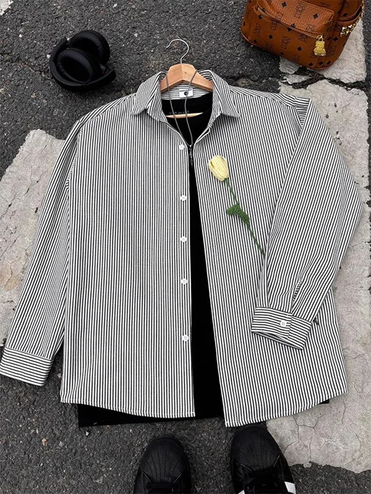 

Autumn Spring 2024 Men's Loose Striped irt Casual Lightweight Mature Sle Stand Fit Long Sve Button down Coat