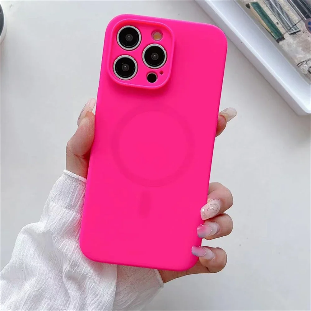 Fashion Bright Fluorescent Liquid Silicone Magnetic For Magsafe Case For iPhone 16 15 14 13 Pro Max Plus Wireless Charge Cover