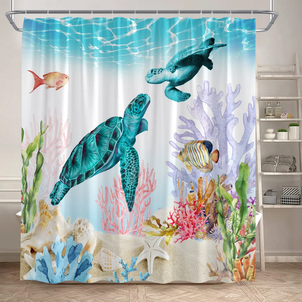 Ocean Animals Shower Curtain Green Sea Turtle Seahorse Jellyfish Tropical Fish Underwater Scenery Fabric Bathroom Curtains Decor