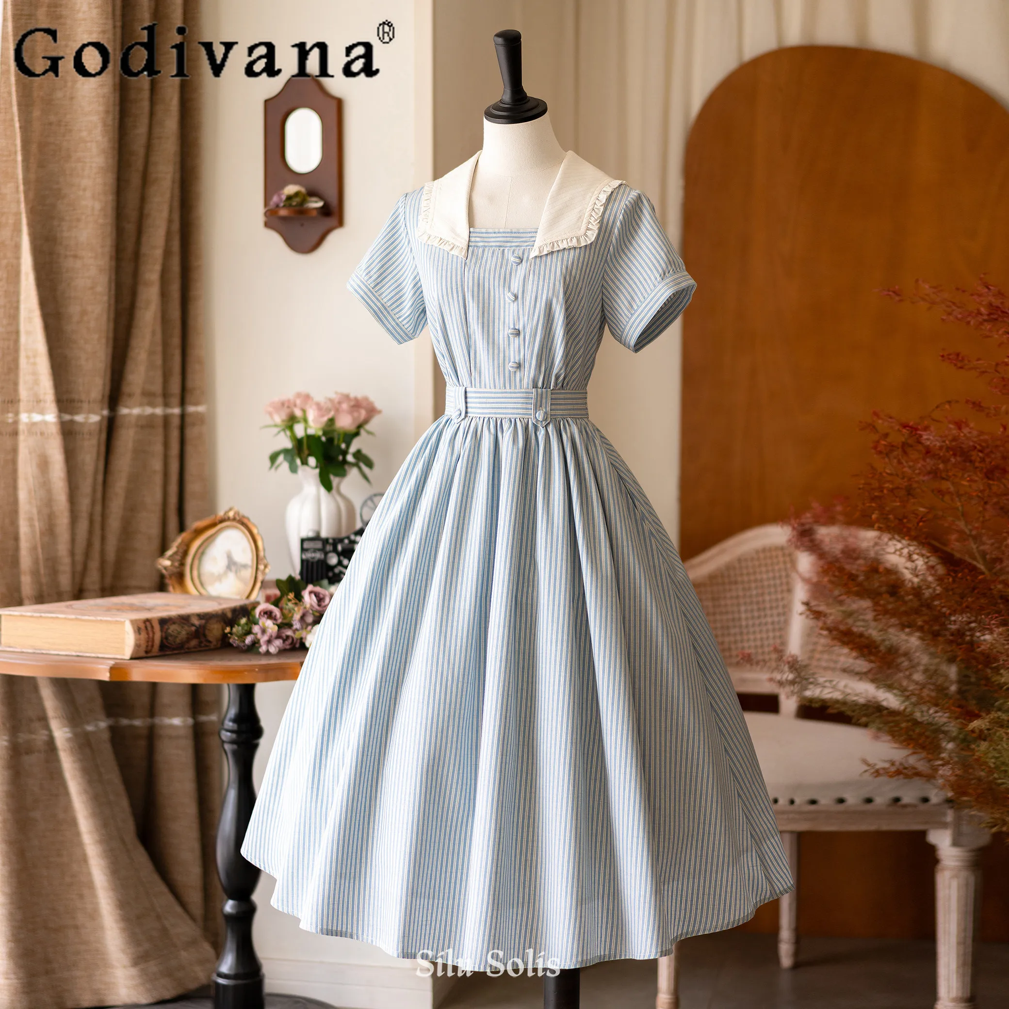 

Original French Elegant Retro Short-sleeved Dress Op Summer Women's High Waist Slim Lapel Lolita Dress Tea Party Dress Vestidos