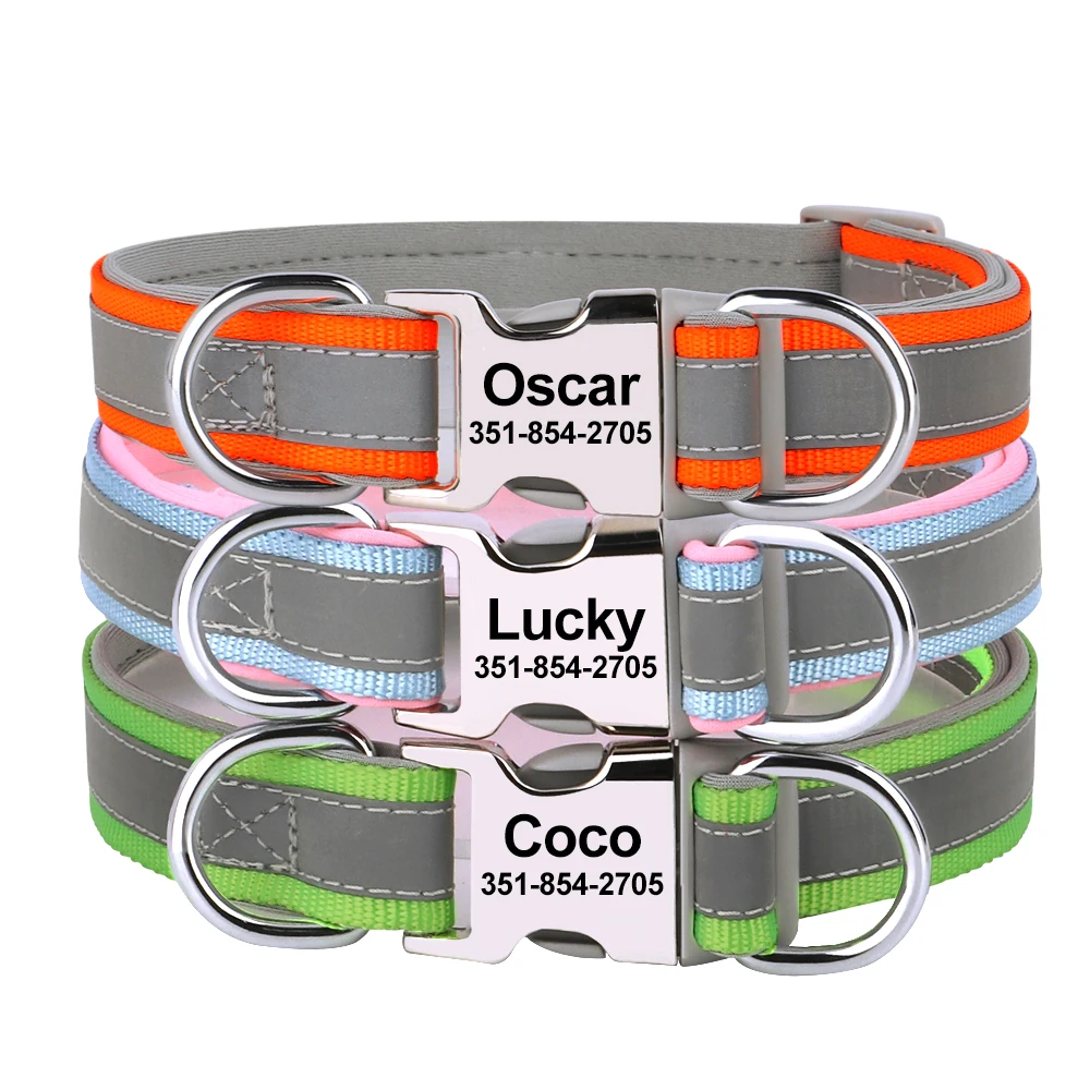 Soft Reflective Personalized Dog Collar Custom ID Collars Durable Nylon Puppy Collar Adjustable for Small Medium Large Dogs