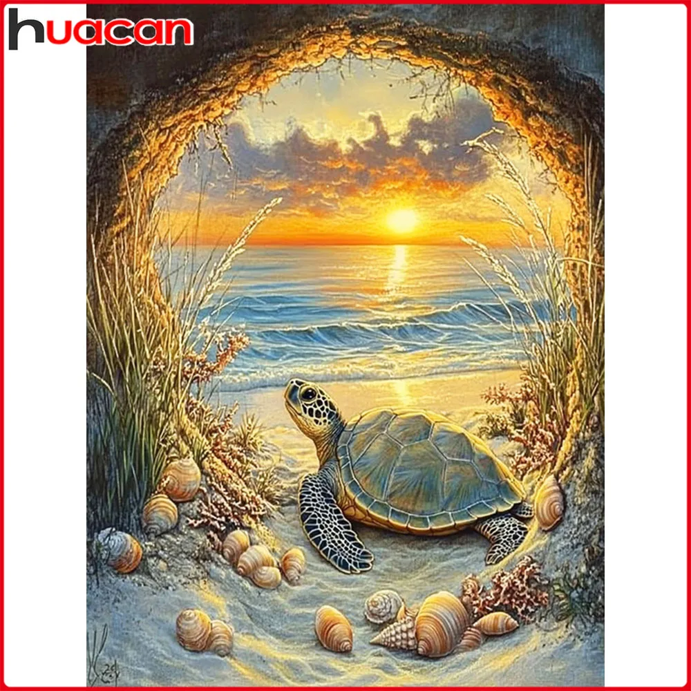 Huacan 5D-Diamantgemälde zum Selbermachen, Sonnenuntergang, Meeresschildkröte, Diamant-Stickerei, Tierlandschaft, komplette Kits, Neuheiten