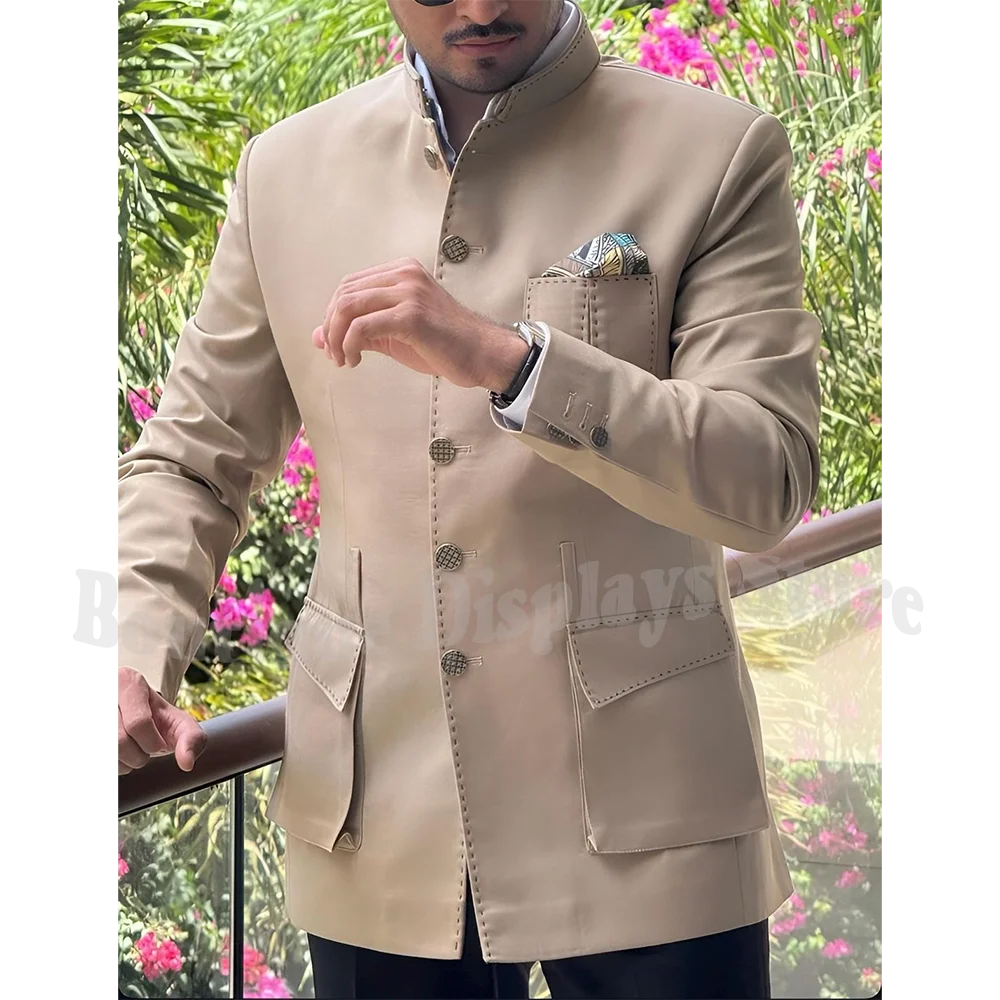 

Slim Fit Men Suit Two Pieces Classic Single Breasted Stand Collar Casual Jacket Black Pants High Quality Daily Male Clothing