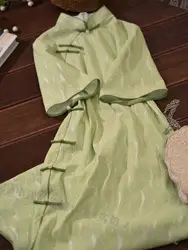 High End Cheongsam Dress Girls Chi-pao Chinese Qipao Green Elegant Sweet Retro Young Style Improved Women's Dress Spring Summer