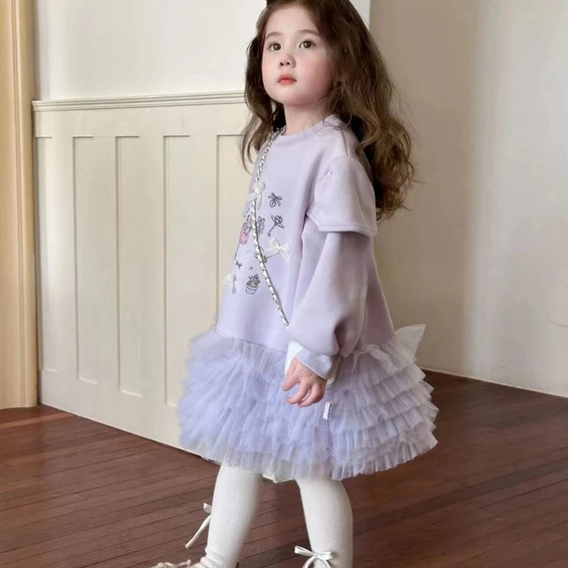 

1-5Y Girls Dress 2025 Autumn/Winter New Girls' Cotton Plush Elegant Cartoon Lace Mesh Ruffled Edge with Velvet Purple Cake Dress