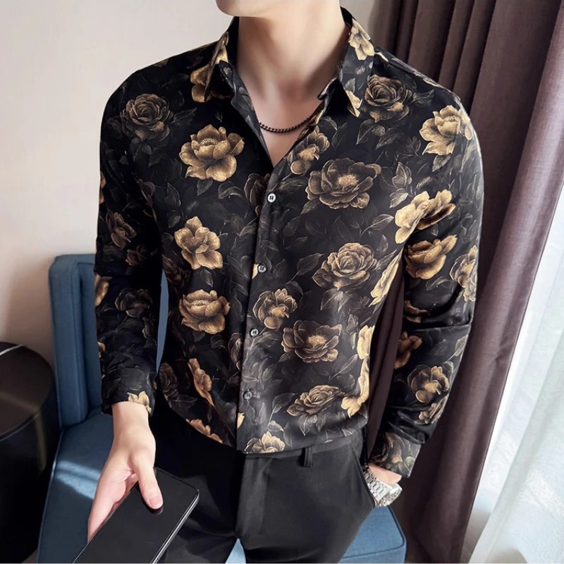 

Trendy Floral Shirt Men Autumn Winter Long Sleeve Slim Fit Casual Shirts Social Nightclub Party Street Wear Shirt Men Clothing