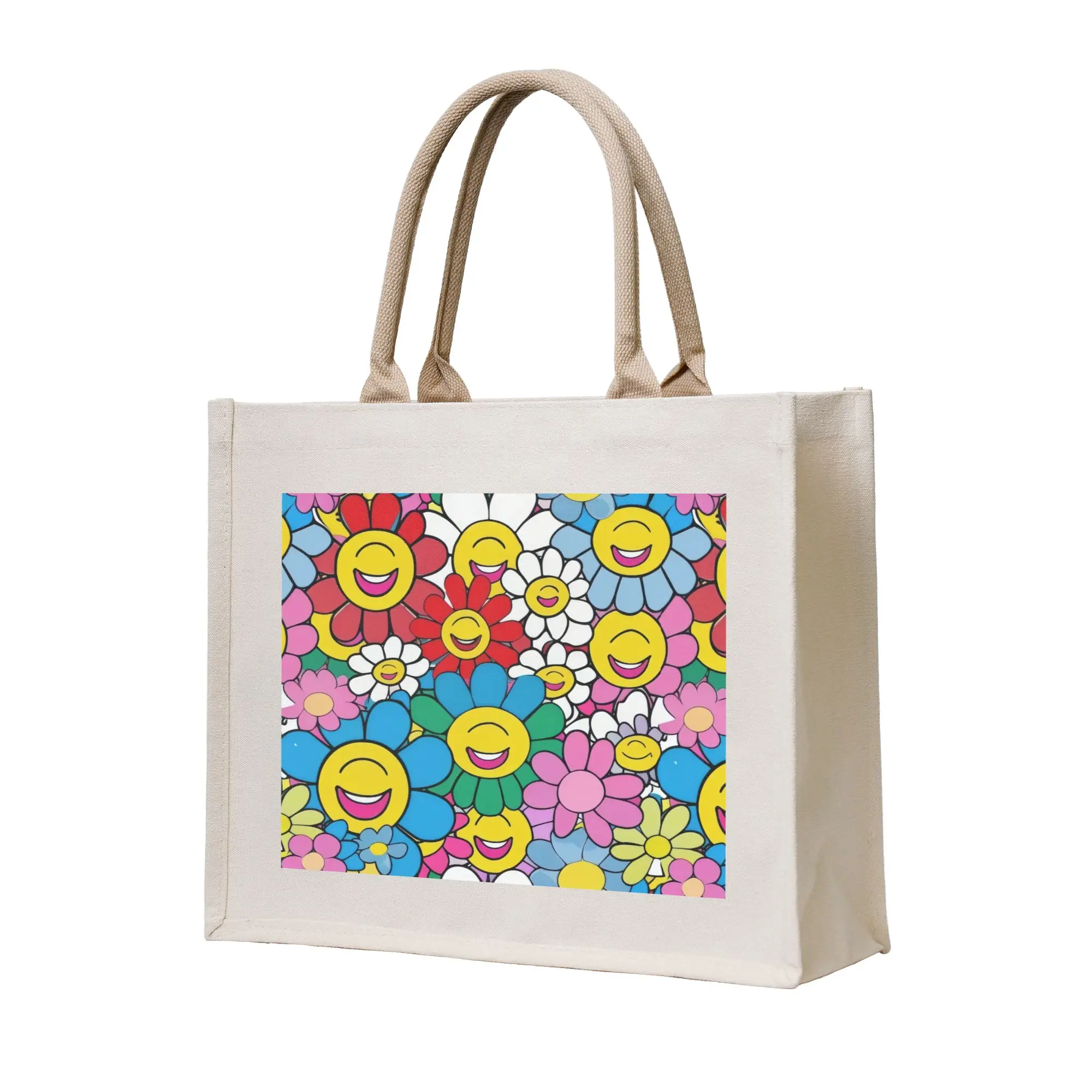 Kawaii Happy Face Daisies  Shopping Tote Bag Portable Bloom Garde  Grocery Shoulder Shopper Bag