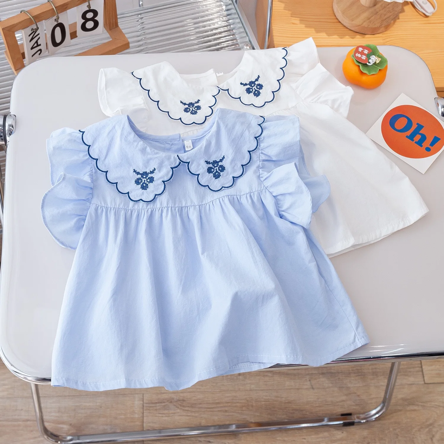 Girls Short-Sleeved Tops Summer New Middle and Small Children Loose Version of Doll Dress Shirt Shirt Baby Solid Colour Clothes