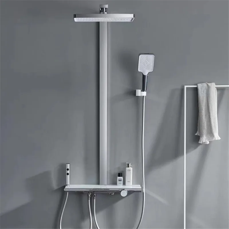 Imagem -05 - Bath Shower Torneiras Conjunto Latão Mixer Hot & Cold Torneiras Temperatura Constante Cachoeira Prata Branco Gun Grey Wall Mount Novas Chegadas