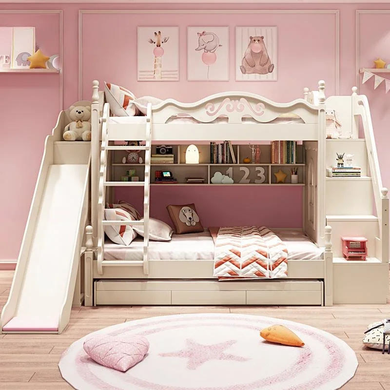 

European Bunk Children Beds Princess Minimalist Exquisite Engraving White Finish Children Beds Loft Girls Kinderbett Furniture