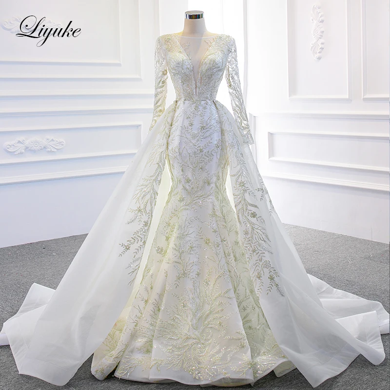 

Liyuke Luxury 2 In 1 Mermaid Wedding Dresses Beauty Beading Pearls Embroidery Lace Up Bridal Gowns