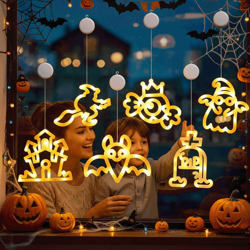 Battery-operated Halloween Suction Lights Plastic Transparent Window Silhouette Lamp Glaring Multishaped LED Glass Pendant